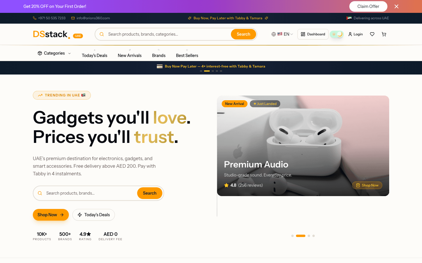 DSStack online storefront homepage with featured products and promotional banner