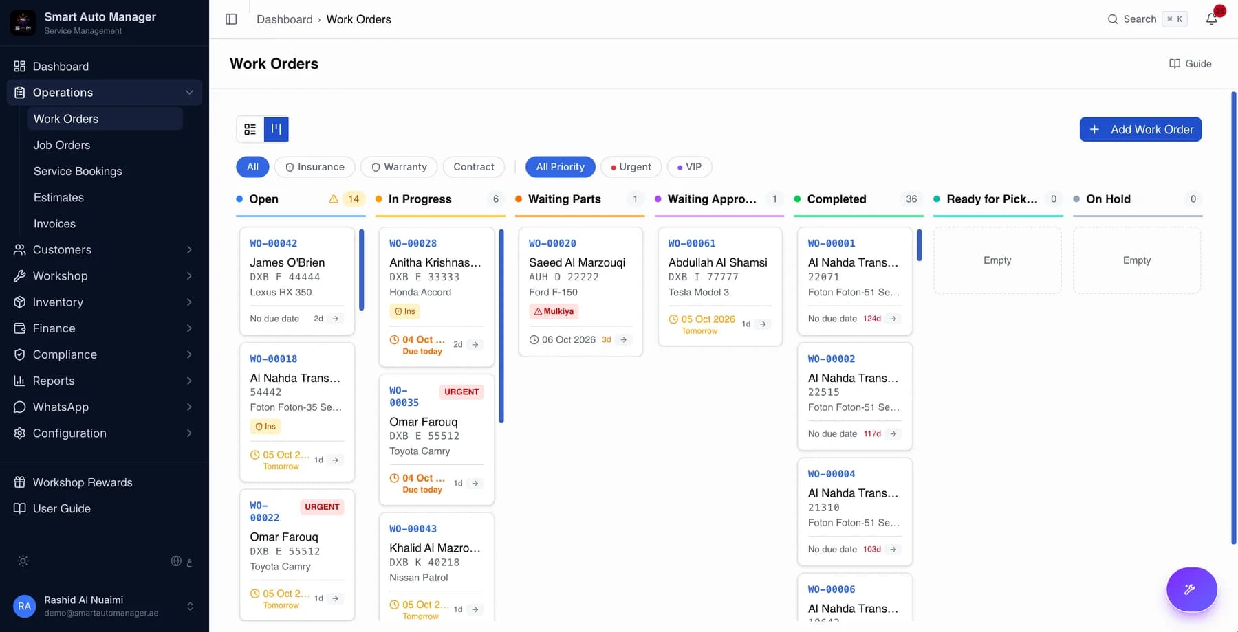 The work orders board: jobs in columns from Open to On Hold, each card with its customer, vehicle and due date
