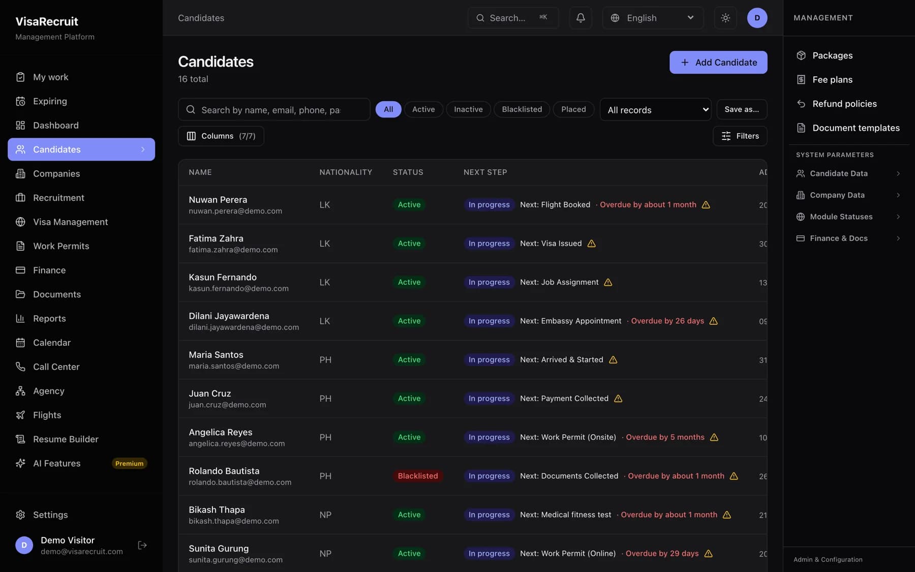 The VisaRecruit candidate list, with each candidate's next step